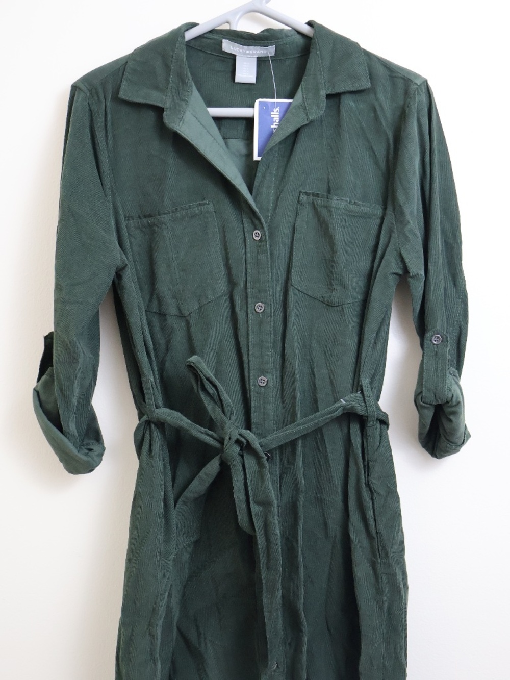NWT Green Corduroy Knee-Length Long Sleeve Button-Up Dress | S | Lucky Brand